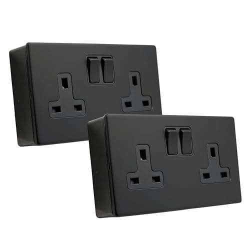 Image of SHP ELECTRICAL® Screwless Matt Black Metal 2 Gang 13A Switched Socket and 25mm Surface Mount Pattress Box (2 Gang Socket + Back Box (2 Pack))