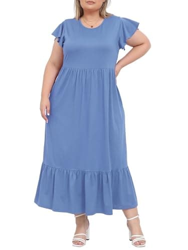 Image of Moon Wood Summer Dresses for Women Crew Neck Ruffle Sleeve Curvy Long Dress with Pockets Plus Size Dusty Blue 2XL