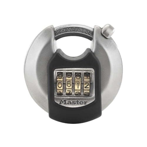 Image of Master Lock 70mm wide Excell zinc discus padlock with shrouded shackle; set-your-own combination