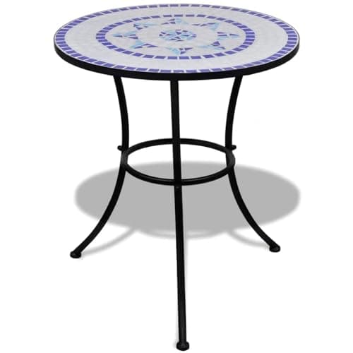 Image of vidaXL Mosaic Bistro Table - 60 cm Round Outdoor Coffee Table in Blue and White with Sturdy Powder-coated Iron Frame and Ceramic Tabletop