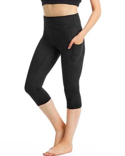 Image of CAMBIVO Capri Leggings with Pockets 3/4 Leggings for Women UK High Waisted Cropped Legging for Gym, Exercise, Yoga, Fashion, Home Wear, L