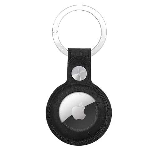 Image of Genuine Leather AirTag Keyring Holder for Apple AirTags. Anti-Lost, Scratch-Resistant Secure Key Ring Case for Key, Dog/Cat Collar, Luggage, Bag. Protective Air Tag Keychain Cover Accessory (Black)