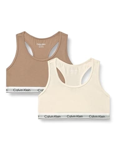Image of Calvin Klein Jeans Girl's 2PK Bralette G80G800742 Bralette, Brown (Whitecapgray/Woodsmoke), 10-12 Years