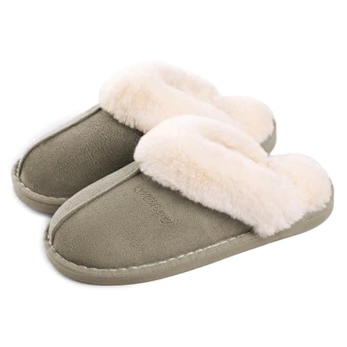 Image of Misolin Womens Slipper Memory Foam Fluffy Slip-on House Faux Suede Fur Lined/Anti-Skid Sole, Indoor & Outdoor,Moss Green 5.5/6.5 UK - 280(42-43)