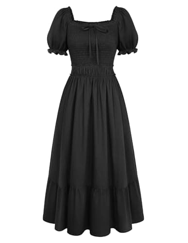 Image of SCARLET DARKNESS Womens Renaissance Dress Elastic Waist Maxi Smocked Dress Square Neck Short Sleeve Flowy A-Line Dresses Black S