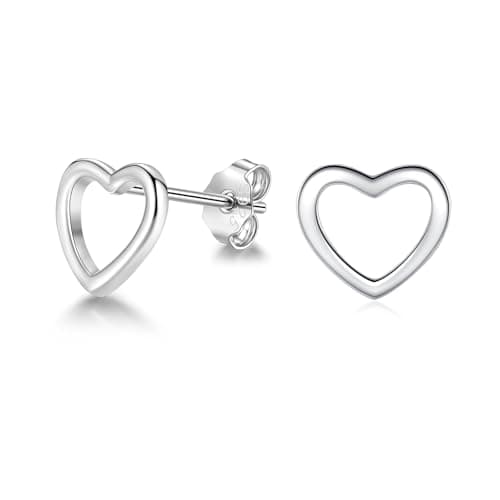 Image of Deyanse Silver Stud Earrings, 925 Sterling Silver Heart Stud Earrings for Women, Hypoallergenic Hearted Ear Studs, Flat Hollow Love Studs Earrings, Cartilage Sleeper Earrings for Multiple Piercings