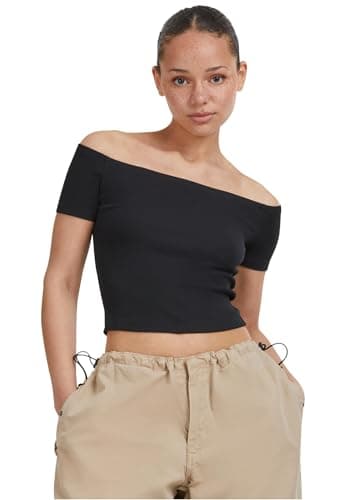 Image of Urban Classics Women's Ladies Off Shoulder Rib Tee T Shirt, Black, M UK
