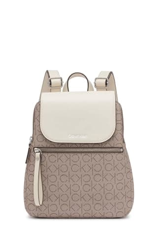 Image of Calvin Klein Women's Reyna Signature Key Item Flap Backpack, Almond/Taupe/White, One Size