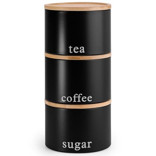 Image of EHC Tea, Coffee, Sugar, Canister Set, Set of 3 Stackable Airtight Food Storage Easy to Open Storage Cansiters Jars Tin, Black
