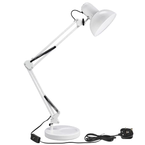 Image of Warmiehomy 85cm Desk Lamp, Adjustable Swing Arm Desk Lamps, Classic White Metal Desk Light Mains Plug, E27 Bulb Socket, Stable Base, Flexible Large Table Lamp for Home Office Studying Working