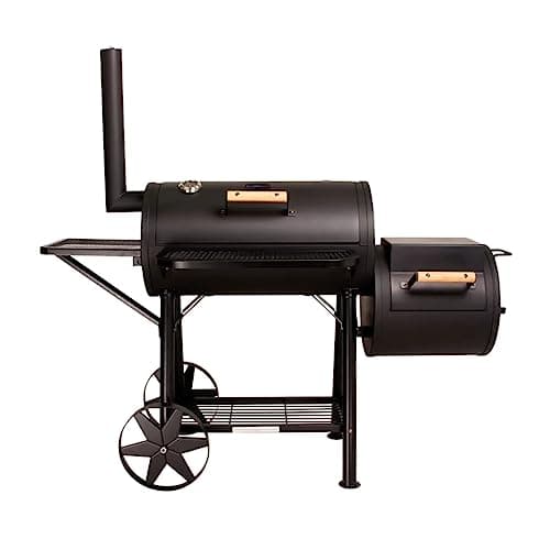Image of CosmoGrill Outdoor XXXL 90KG Charcoal Barbecue | Portable Smoker BBQ Grill with Barrel Offset Smoker, Warming Rack, Built-in Thermometer, Shelves | Extra Large Black BBQ for Home Garden Party Cooking