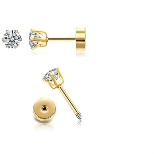 Image of CZ Stud Earrings 14K Gold Stud Earrings,Flat Back Cubic Zirconia Earrings for Helix Cartilage Earlobe Piercing Jewelry | Cartilage Earring | Helix Piercing Jewelry (3MM, GOLD)