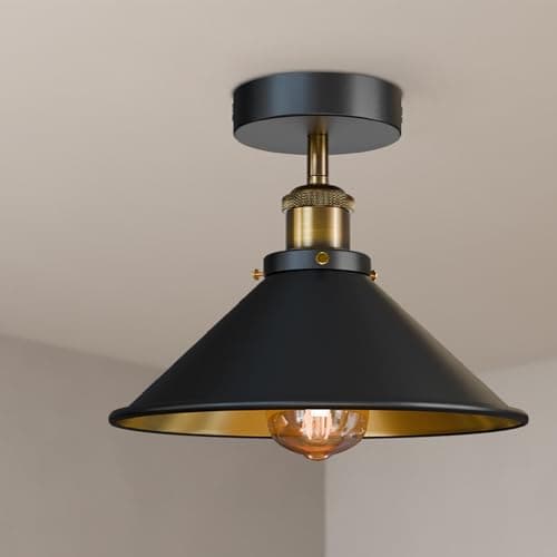 Image of DC VOLTAGE Industrial Semi Flush Ceiling Light 22cm Metal Black Inner Gold Cone Shade E27 Base Hardwired Indoor Fixture for Kitchen Bedroom Living Room Hallway Without Bulb