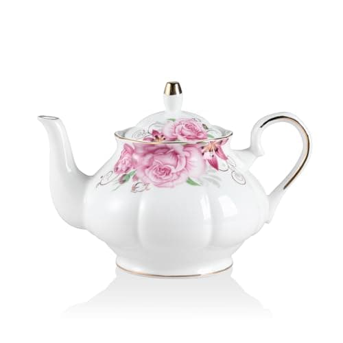 Image of Sweejar Home Porcelain Teapot, 850ml Vintage Floral Gold Rim Design Ceramic Tea Pot, Flower Tea Loose Leaf Teapot, Coffee Pot, Women and Tea Lovers, 3-4 Cups (Flower)