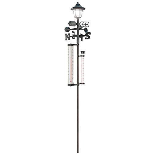 Image of 5-in-1 Garden Weather Station - Meteorological Measurer with Wind Vane & Anemometer, Rain Gauge, Outdoor Thermometer & Solar Light - Monitor Weather Day and Night, 1.5m/5ft Tall Black