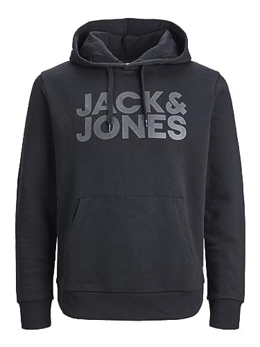 Image of Jack & Jones Men's Corp Logo Classic Hooded Sweatshirt, Basic Sweater, Black (print black) large print., L