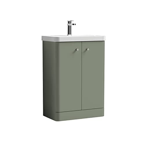 Image of Balterley Vanity Unit with Basin Floor Standing, Soft Close 2 Door with Handles & Thin Edge Sink, Bathroom Vanity Units with Basin, Bathroom Sink Storage Cabinet - 605 x 355 x 863mm (Green)