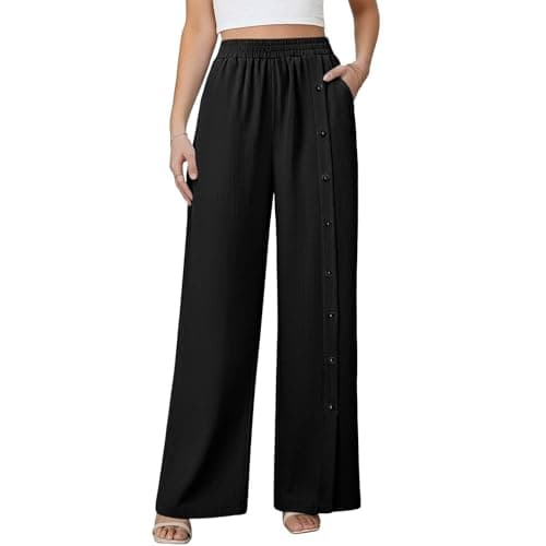 Image of Button Split Hem Palazzo Pants for Women Wide Leg Trousers Elastic Waist Linen Look Lightweight Casual Summer Bottoms with Pockets Ladies Jogging Bottoms Black M