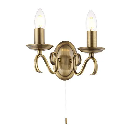 Image of Betta Lighting Decorative Wall Light – Dimmable Twin Wall Lights with Pull Chord Switch – Twisted Arm Indoor Wall Lamp – LED Wall Sconce for Bedroom Hallway 60W E14 Candle (not Included) Brass