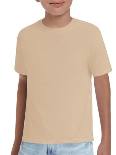 Image of Haloumoning Boys' Plain T-Shirt, Short Sleeve Crew Neck Tee for School PE, Soft Basic T Shirts Casual Top for Kids 5-14 Years, Beige, 130
