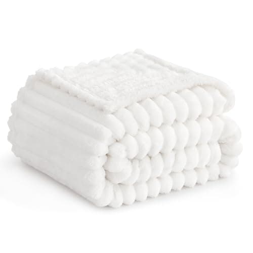 Image of RUIKASI Fleece Throw Blanket for Sofa - Single Fluffy White Throws for Sofas Large, Soft Warm Blanket Throw for Couch, Luxury Decorative Ribbed Bed Blanket 130x150cm