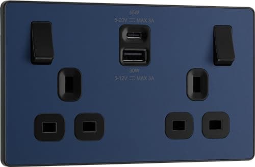 Image of BG Electrical 45W Double Switched Power Wall Plug Socket with Super Fast Charge Type A and Type C USB Charging Ports, Evolve, Matt Blue, 13A, PCDDB22UAC45B