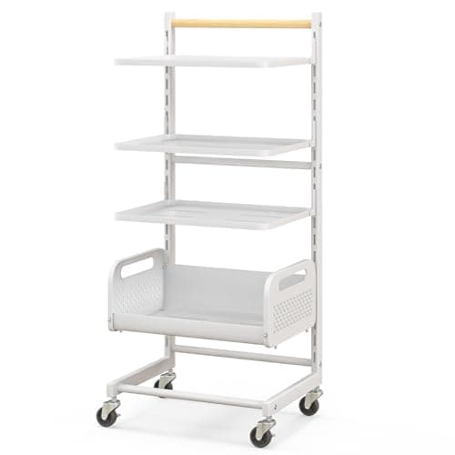 Image of GiantexUK 4-Tier Storage Trolley on Wheels, Metal Utility Rolling Cart with Adjustable Shelves, Mesh Basket & Wooden Handle, Mobile Kitchen Shelving Organizer for Living Room Bedroom