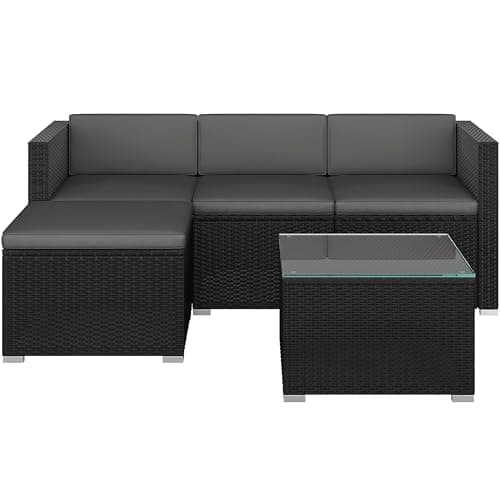 Image of Yaheetech 5 Pieces Patio Furniture Set, PE Rattan Garden Modular Lounge Sofa Set with Tempered Glass Table and Water-Resistant Cushions for Patio, Balcony (Black/Grey)