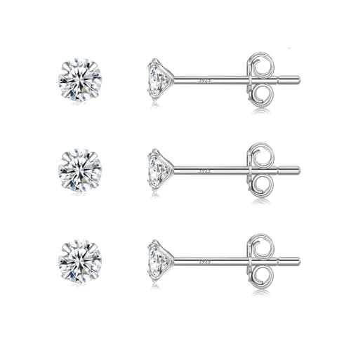 Image of 3 Pairs 925 Sterling Silver Earrings for Women, 3mm Hypoallergenic Cubic Zirconia Stud Earring Set, Comfortable Cartilage Sleeper Earrings Gift for Women