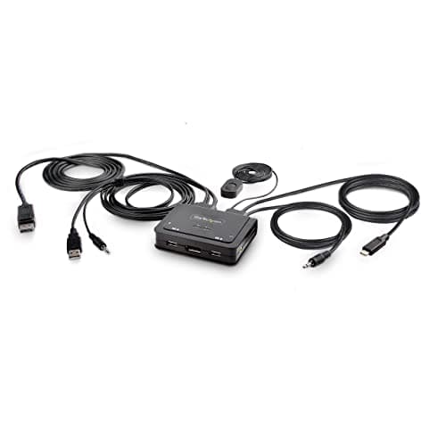 Image of StarTech.com 2-Port Hybrid USB-C DisplayPort Cable KVM Switch, 4K 60Hz, Compact KVM with 6ft/1.8m USB-A/DP/Audio & 4ft/1.2m USB-C Integrated Cables, Bus Powered, Hotkey Switching (C2-D46-UAC-CBL-KVM)