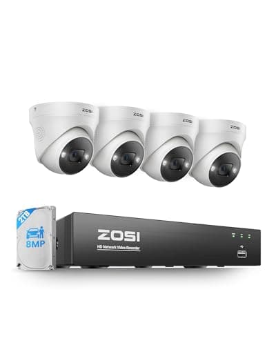Image of ZOSI 4K UHD PoE CCTV Camera System, 4x8MP Indoor Outdoor PoE Security Cameras, 8 Ports 16CH 4K NVR system with 2TB HDD, 2-Way Audio, Person Vehicle Detection, 100ft Color Night Vision, AI Light Siren