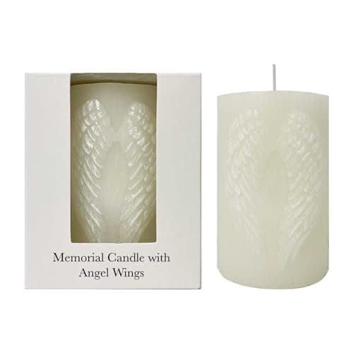 Image of Guardian Angel Wings Memorial Candle | Reminder White Pillar Candle with Finely Carved Wings | Comforting Sympathy Gift | 10 x 6.5 x 6.5 cm