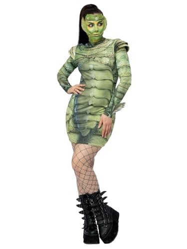 Image of Smiffys Universal Monsters Creature From The Black Lagoon Costume, Adults Green Dress with Scale Detailing, Official License Outfit for a Complete Look, Perfect for Halloween and Themed Parties, SML