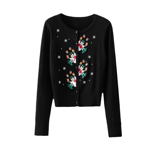 Image of SANSIWU Women's Christmas Sweater Cardigan Y2k Cute Snowman Tree Embroidery Long Sleeve Xmas Sweater Ugly Christmas Sweaters (Black, M)