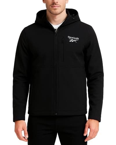 Image of Reebok Mens Jacket - Water Resistant Zip Up Sherpa Fleece Lined Softshell Mens Lightweight Jacket - Winter Jackets for Men, Black Ink, L