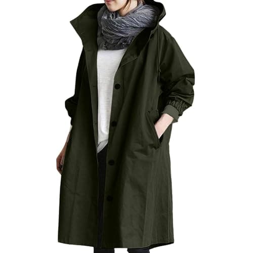 Image of Womens Waterproof Jackets Lightweight Casual Plus Size Rain Jacket Hooded Winter Single Breasted Long Windbreaker Solid Color Trench Coat Outerwear(Please order 1-2 sizes larger)(Army Green,4XL)