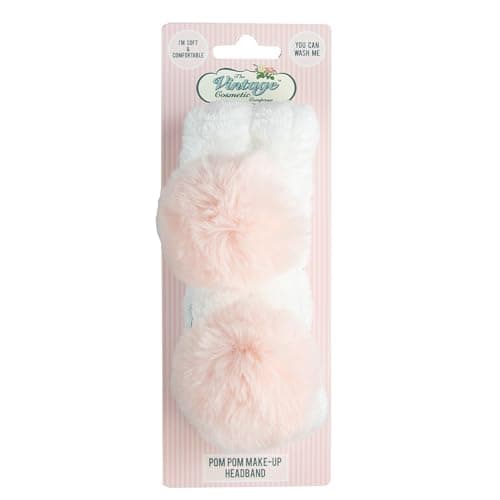 Image of The Vintage Cosmetic Company Pom Pom Makeup Headband for Women, Soft Vintage-Inspired Skincare & Makeup Hair Band, Keeps Hair Neat and Tidy for a Seamless Beauty Routine