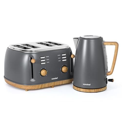 Image of VonShef Kettle and Toaster Set – Scandi 1.7L Rapid Boil Kettle 3000W & 4 Slice Wide Slot Toaster 1500W with 6 Browning Controls & High Lift – Nordic Grey and Wood Accents – Fika Range