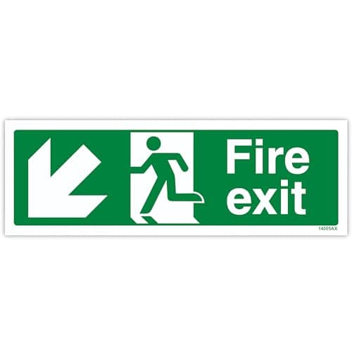 Image of V Safety 14005AX-S Fire Exit Arrow Down Left Sign - Landscape - 300mm x 100mm - Self Adhesive Vinyl, Green