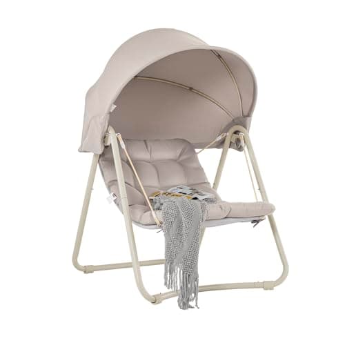 Image of SoBuy Hanging Chair with Stand, Garden Swing Chair with Adjustable Canopy, Reclining Relax Chair with Thick Cushion, Indoor Outdoor Balcony Patio Chair, Steel Frame, Beige 108x126x163 cm OGS62-MI