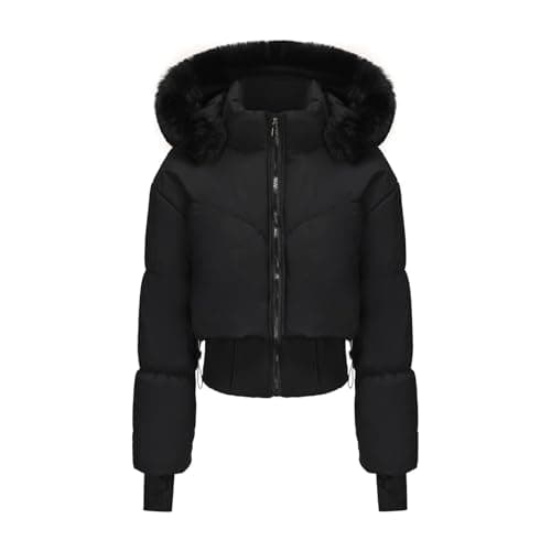 Image of Winter Jackets for Women UK - Faux Fur Hooded Puffer Coat, Cropped Fluffy Padded Jacket, Quilted Warm Overcoat with Pockets, Lightweight Waterproof Coat, Slim Fit, Ladies Hiking Walking Outwear