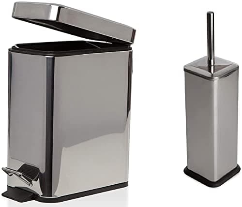 Image of FINE STAR 5L Slim Pedal Bin Square Toilet Brush Holder Bathroom Set Rectangular Removable Bucket Trash Recycling Bin (Chrome 5 L Bin + Brush Holder)