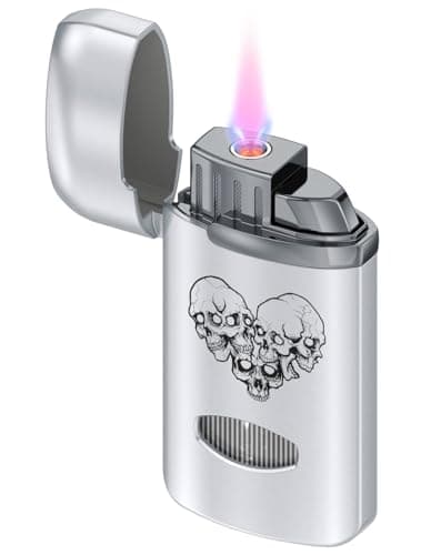 Image of CLICKON Skull Jet Flame Lighter, Windproof Butane Refillable with Adjustable Pink Flame, Gas Window & Ultra-Light 43g Pocket Design (Grey) - No Gas Included