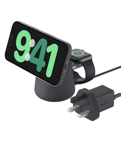 Image of Belkin BoostCharge Pro 2-in-1 Wireless Charger with Qi2 15W, MagSafe-Compatible Charger for iPhone 17, Air, 16, 15, 14 Series, Apple Watch, AirPods & Other Qi2 Enabled Devices, PSU Included - Black