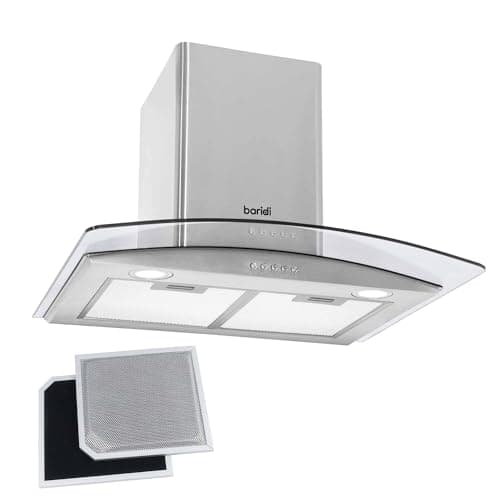 Image of Baridi 60cm Curved Glass Cooker Hood with Carbon Filters, LED Lights, Stainless Steel - DH128