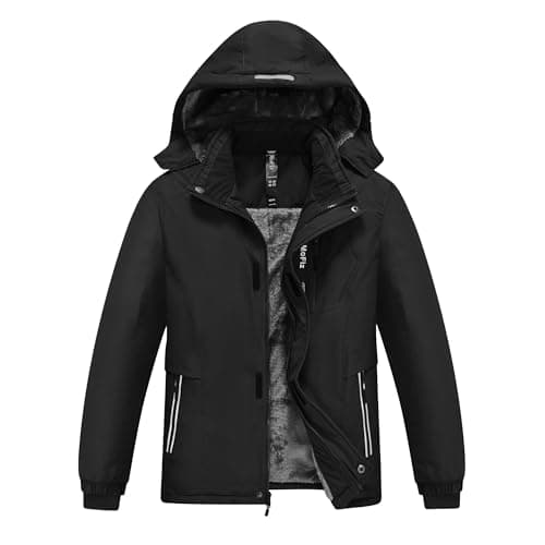 Image of MoFiz Boys Waterproof Ski Snow Jacket Winter Hooded Coat Thicken Fleece Lined Outdoor Windproof Jackets for Sking Hiking Camping School 14-16 Years Black L