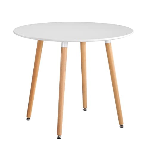 Image of GOLDFAN Round Dining Table Modern 90cm High Gloss Kitchen Table with Natural Beech Wood Legs, White(Table Only)