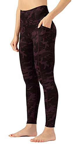 Image of OVRUNS High Waist Gym Leggings for Women Yoga Pants with Pockets Workout Running Compression Leggings for Women - Burgundy Camo Multi - S