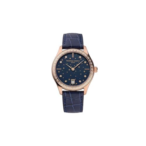 Image of Frederique Constant Ladies' Swiss Made Classics Moon and Stars Quartz Diamond Accent Rose Gold Plated Case Watch and Navy Leather Strap, Style: FC-220NSD3BD4