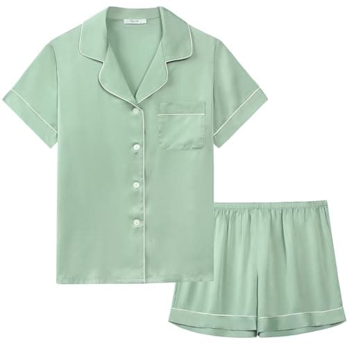 Image of Amorbella Satin Pajamas Women Silky Soft Comfy PJs Short Sleeve Button Up Top with Shorts Summer PJs Set (Sage Green, Medium)